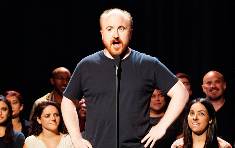 **Image Prompt: Louis C.K. Performing Stand-Up Comedy**
"A comedian on stage, engaging with an audience, showcasing a blend of humor and deep personal reflection. The atmosphere is warm and inviting, with a spotlight illuminating the performer as they share their life experiences, evoking laughter and empathy from the crowd."